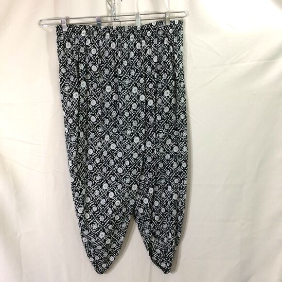 Vintage 90s Venezia Harem Pants 26 Paper Tag Black White Rayon Boho Elastic Wst - Picture 2 of 5